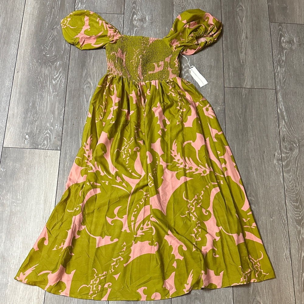 Smocked Puff-Sleeve Dress in Olive Green and Pink